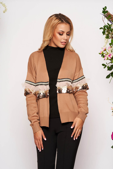 Brown cardigan casual knitted with easy cut with sequin embellished details long sleeved