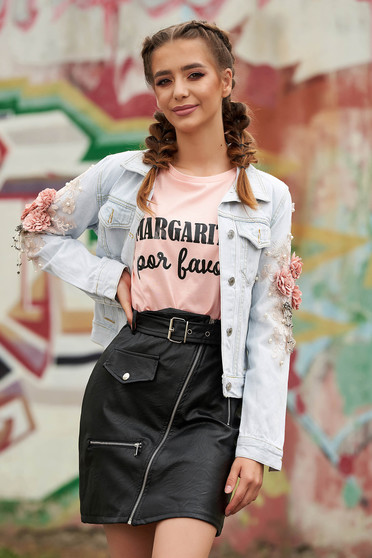 Blue jacket casual short cut denim with pearls with lace details with floral details
