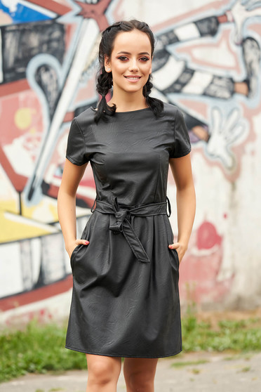 Black dress daily short cut cloche from ecological leather with pockets detachable cord