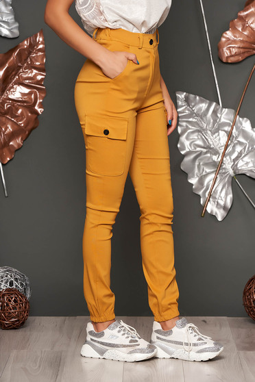 Mustard trousers casual high waisted denim imitation with front pockets lateral pockets