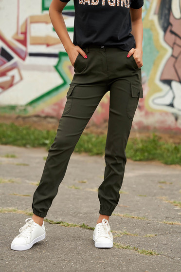 Khaki trousers casual high waisted denim imitation with front pockets lateral pockets