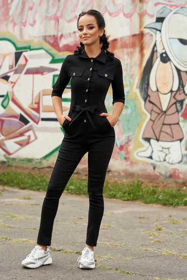 Black jumpsuit casual long with pockets detachable cord arched cut
