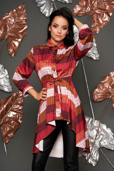 Brown women`s blouse casual daily asymmetrical with graphic details is fastened around the waist with a ribbon long sleeved