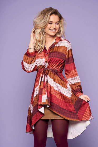 Brown women`s blouse casual daily asymmetrical with graphic details is fastened around the waist with a ribbon long sleeved