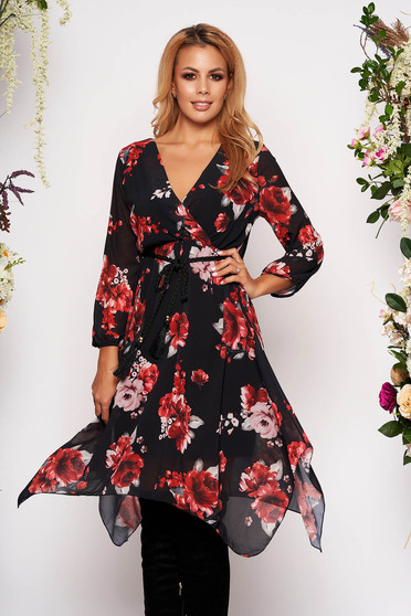 Black dress elegant short cut asymmetrical cloche from veil fabric with v-neckline with 3/4 sleeves with floral print