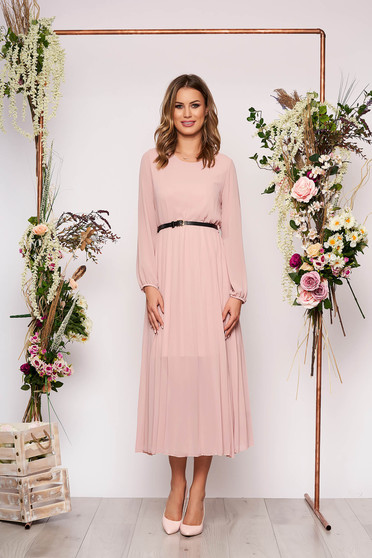 Lightpink dress elegant midi flared from veil fabric folded up faux leather belt