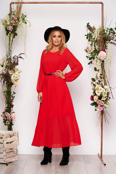 Red dress elegant midi flared from veil fabric folded up faux leather belt