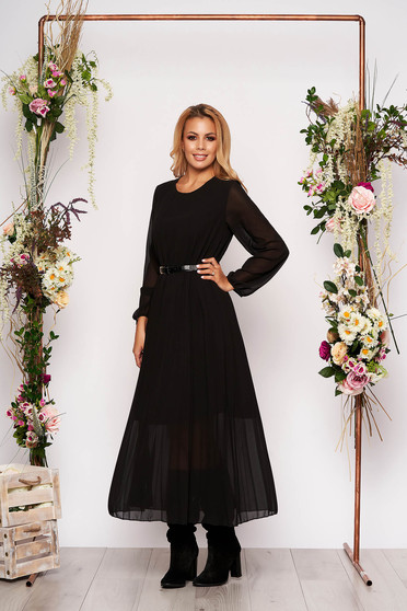 Black dress elegant midi flared from veil fabric folded up faux leather belt