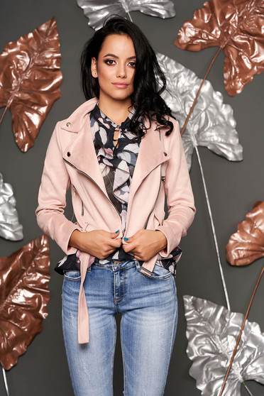 Lightpink jacket casual short cut faux leather with pockets metallic buckle