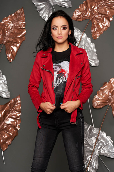 Burgundy jacket casual short cut faux leather with pockets metallic buckle