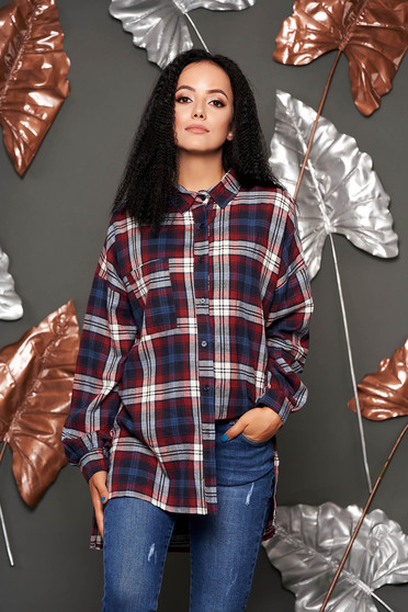 Burgundy women`s shirt casual cotton with chequers asymmetrical long sleeved