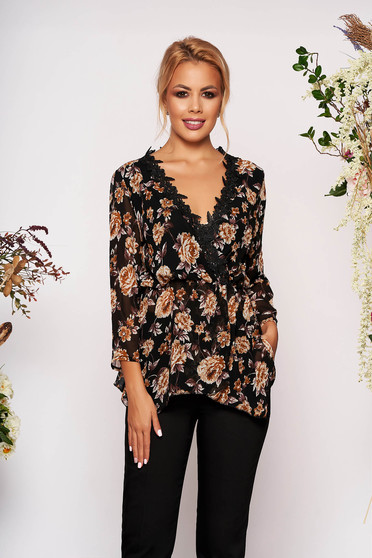 Black women`s blouse elegant long sleeve from veil fabric with floral print with v-neckline with lace details