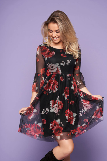 Black dress daily short cut cloche from veil fabric bell sleeves with floral print with rounded cleavage