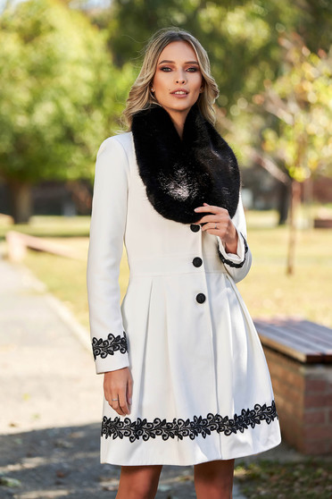 White coat elegant long cloche fur collar from ecological fur with buttons