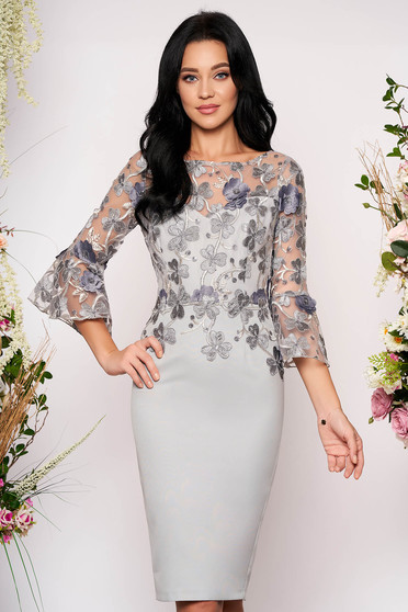 Grey dress occasional midi pencil with 3/4 sleeves with bell sleeve lace and sequins details