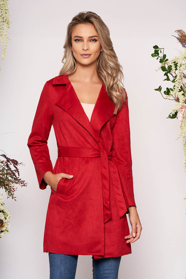 Burgundy trenchcoat casual straight with pockets faux leather detachable cord