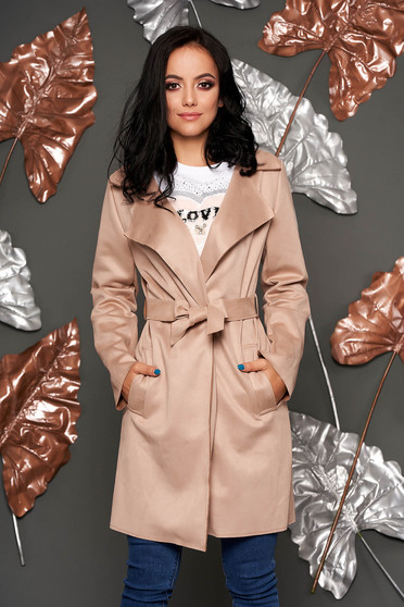 Cream trenchcoat casual straight with pockets faux leather detachable cord