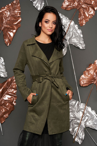 Khaki trenchcoat casual straight with pockets faux leather detachable cord