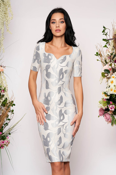 StarShinerS lightblue dress occasional midi pencil short sleeves back slit with floral print