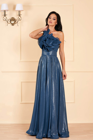 Ana Radu turquoise occasional cloche dress from shiny fabric frilly trim around cleavage line accessorized with tied waistband