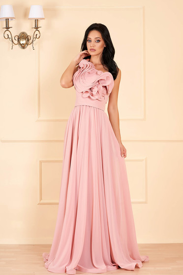 Ana Radu luxurious one shoulder from veil fabric with inside lining with ruffle details accessorized with tied waistband peach dress