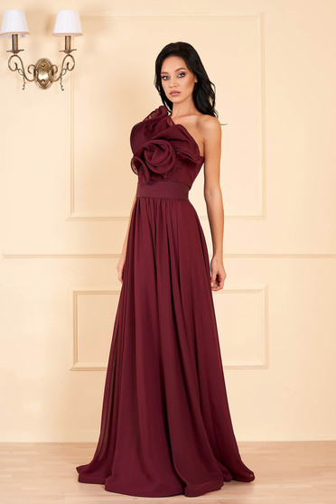 Ana Radu luxurious one shoulder from veil fabric with inside lining with ruffle details accessorized with tied waistband burgundy dress