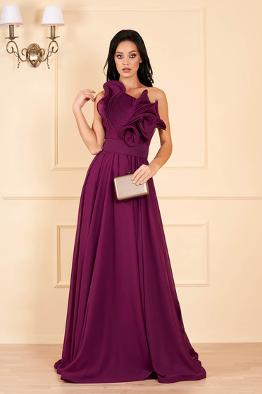 Ana Radu luxurious one shoulder from veil fabric with inside lining with ruffle details accessorized with tied waistband raspberry dress