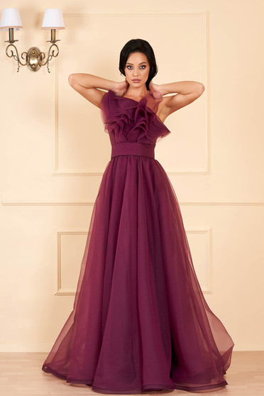 Ana Radu purple dress luxurious from tulle with inside lining with ruffles on the chest one shoulder