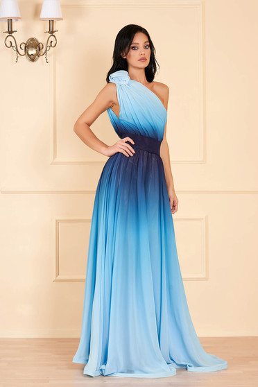Ana Radu lightblue dress luxurious long one shoulder detachable cord airy fabric degrade