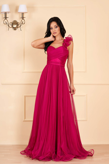 Ana Radu fuchsia luxurious long dress from tulle with push-up cups flaring cut