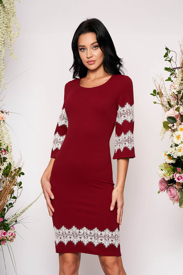 Burgundy dress elegant short cut pencil with 3/4 sleeves with bell sleeve with lace details with rounded cleavage