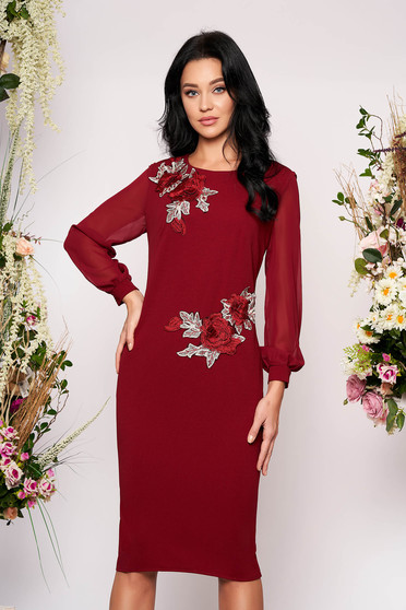 Burgundy elegant midi pencil dress with inside lining scuba from veil fabric