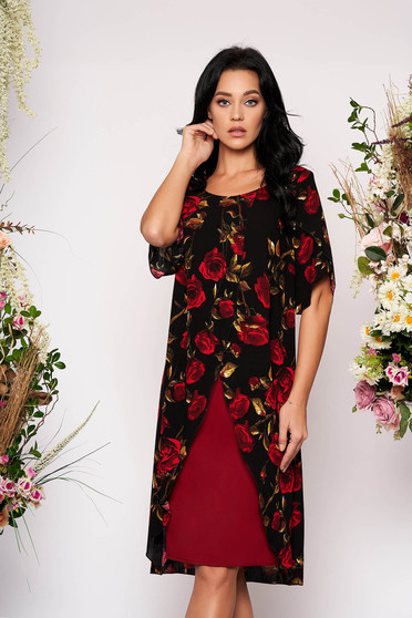 Black dress occasional short sleeves with cut-out sleeves straight with floral print fabric overlay