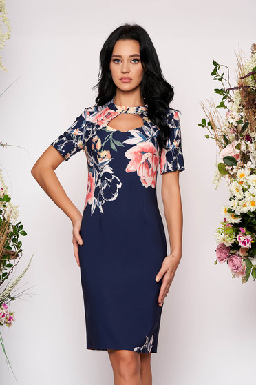 Darkblue dress midi daily pencil cut-out bust design without clothing short sleeves with floral print
