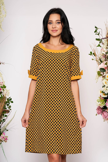 Mustard dress daily short cut flared with pockets without clothing short sleeves dots print