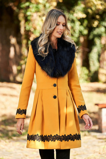 Mustard coat elegant long cloche fur collar from ecological fur with buttons