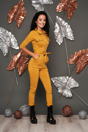 Mustard jumpsuit casual long with pockets detachable cord arched cut