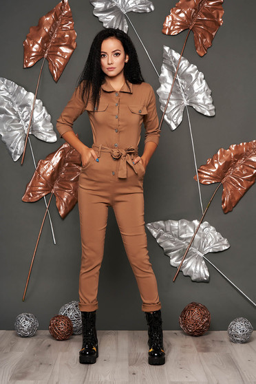 Cappuccino jumpsuit casual long with pockets detachable cord arched cut