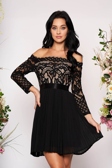 Black dress occasional short cut cloche from veil fabric laced naked shoulders long sleeved
