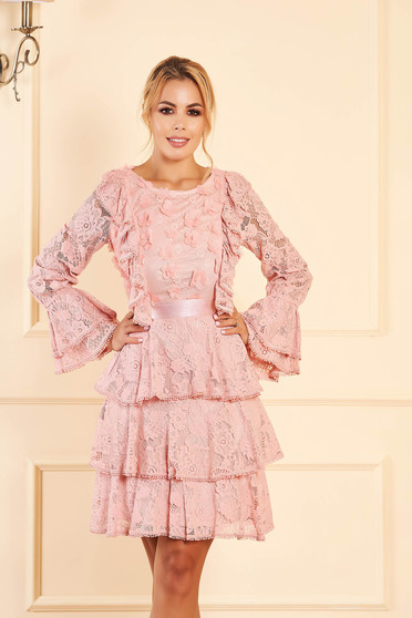 Lightpink dress short cut occasional laced with bell sleeve long sleeved neckline