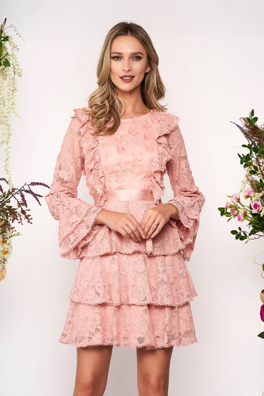 Lightpink dress short cut occasional laced with bell sleeve long sleeved neckline
