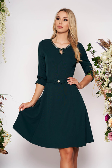 Darkgreen elegant cloche dress soft fabric handmade details accessorized with belt