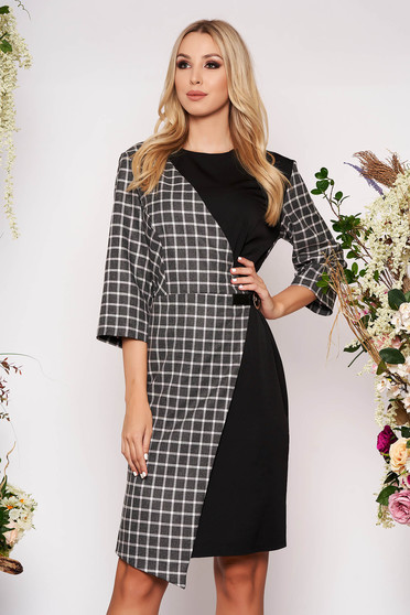 Black dress elegant midi pencil neckline with 3/4 sleeves without clothing with chequers