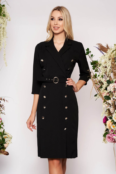 Black dress elegant midi pencil cloth thin fabric with 3/4 sleeves accessorized with belt