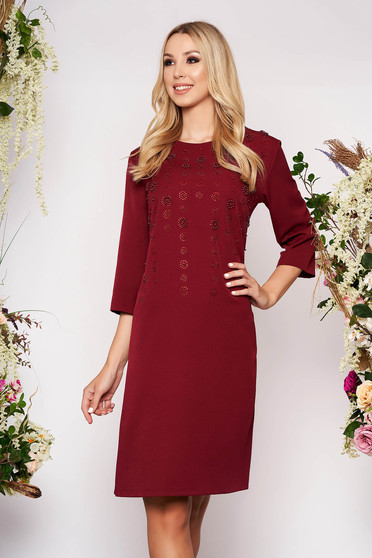 Burgundy dress elegant midi straight cloth thin fabric with 3/4 sleeves with small beads embellished details with crystal embellished details