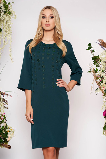Dirty green dress elegant midi straight cloth thin fabric with 3/4 sleeves with small beads embellished details with crystal embellished details