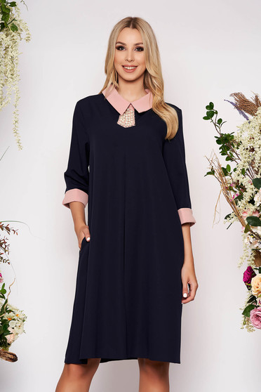 Darkblue dress elegant midi thin fabric with pockets with 3/4 sleeves cloth flared