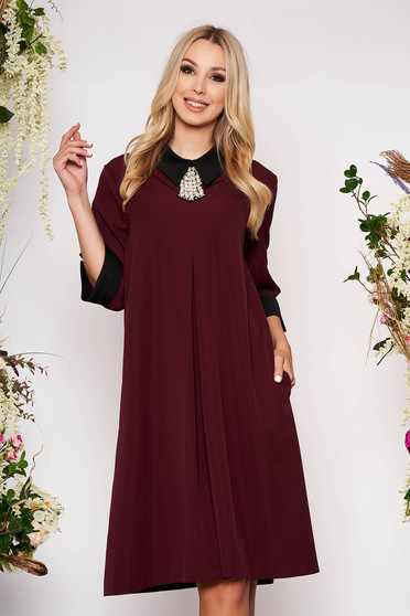 Burgundy dress elegant midi thin fabric with pockets with 3/4 sleeves cloth flared