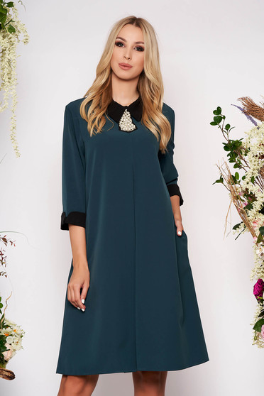 Dirty green dress elegant midi thin fabric with pockets with 3/4 sleeves cloth flared