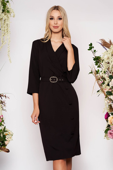 Black dress office midi straight cloth with 3/4 sleeves accessorized with belt
